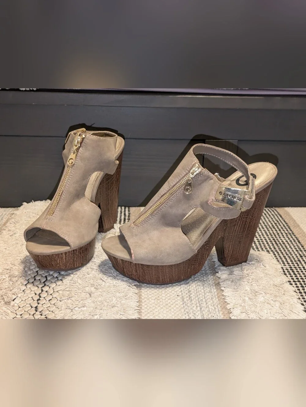 Guess Taupe Suede Platform Peep-Toe Slingback Heels